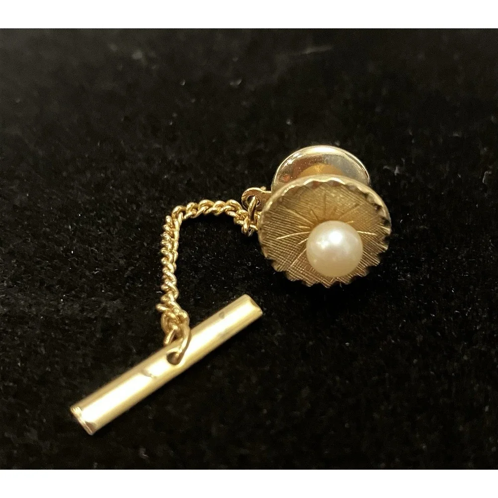 VTG Faux Pearl Gold Tone Tie Tack & Chain Sunburst Estate Menswear Retro Jewelry